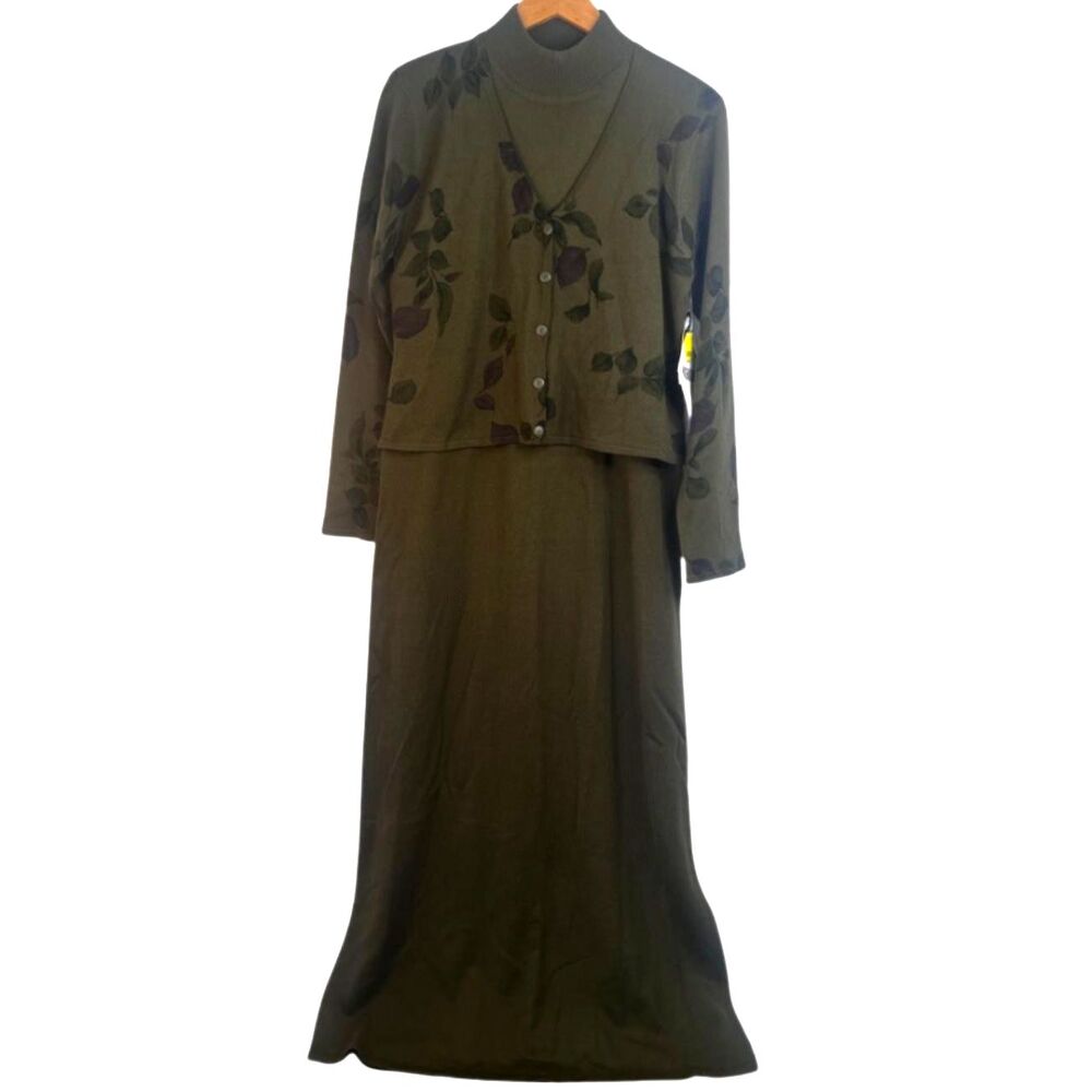 VTG Lennie for Nina Leonard Sweater Dress Mock Neck Foliage Long Size MD
